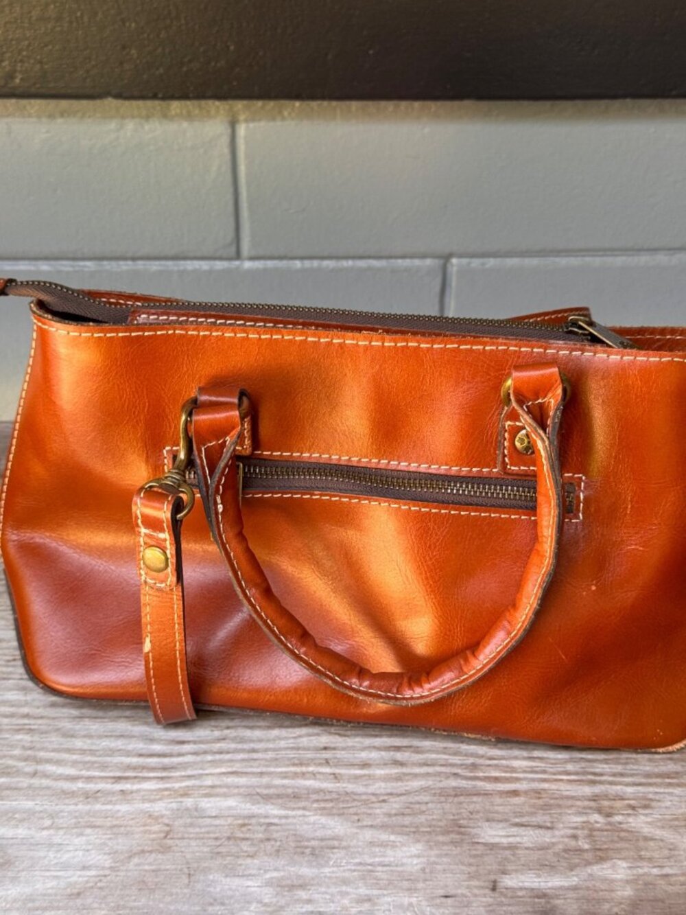 Patricia Nash Leather Satchel Bag Brown Cognac Top Handle Crossbody Purse